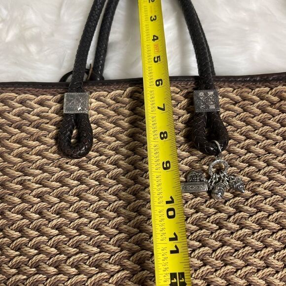 Brighton leather brown and brown woven straw shoulder bag silver tone accent - Picture 6 of 11